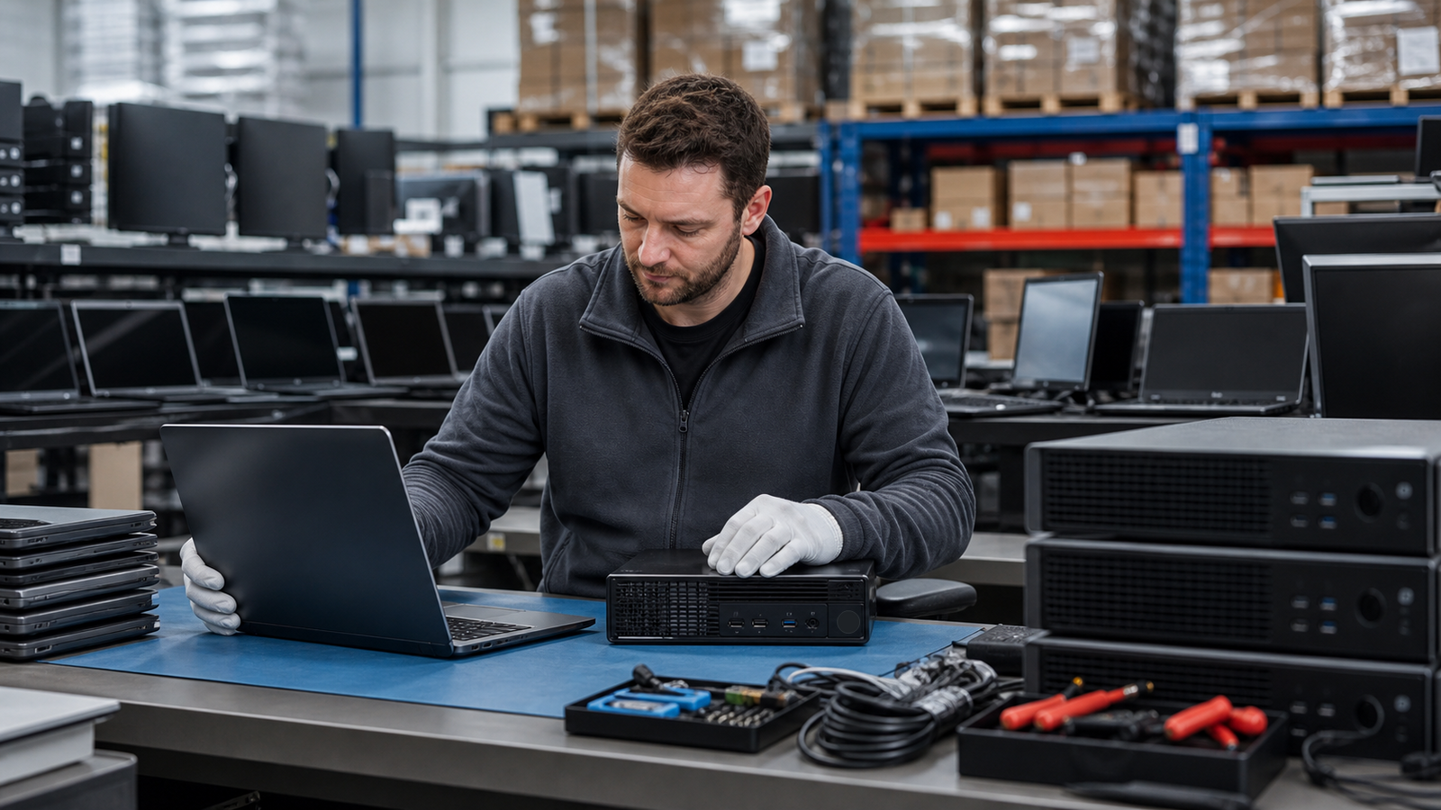 Technician inspecting refurbished business laptop and small form factor desktop in a tested electronics warehouse