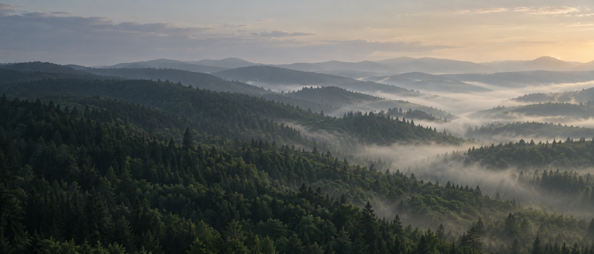 Layers of forest canopy and mist across distant wooded hills at dawn