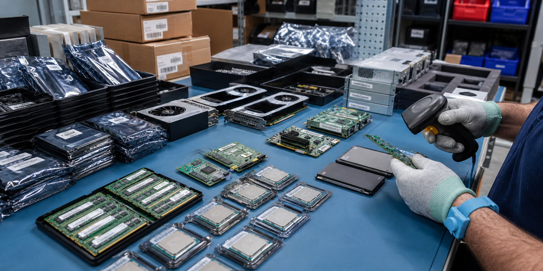 Technician organizing tested bulk used computer parts on an ESD-safe electronics sourcing bench
