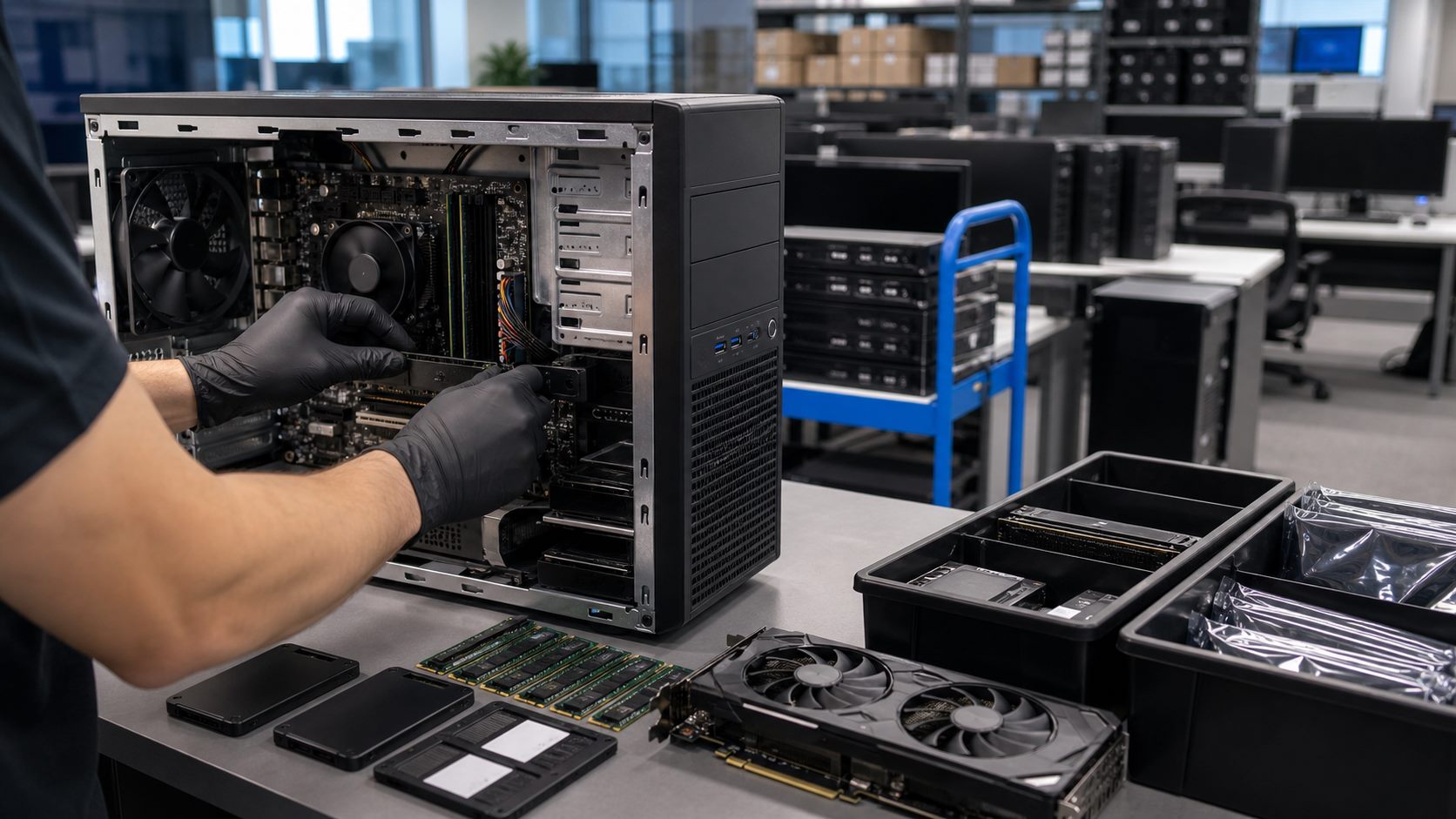 Corporate desktop workstation being upgraded with business IT components