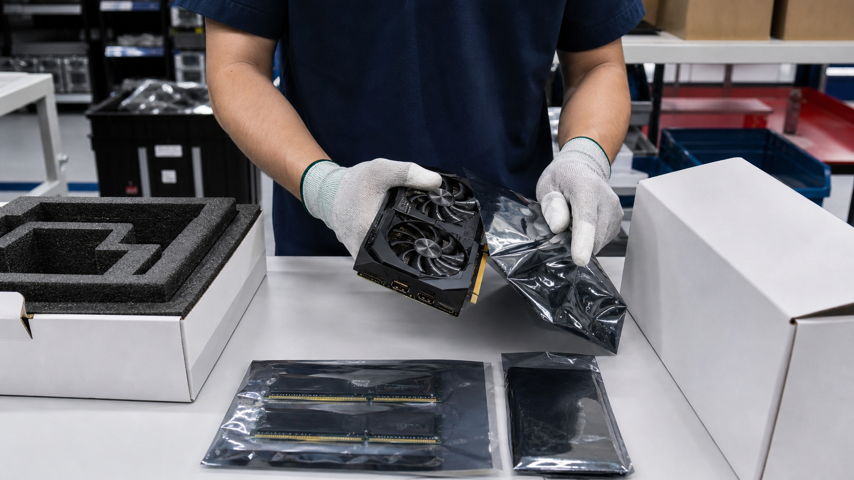 Technician packing tested computer components in anti-static bags with protective foam inserts