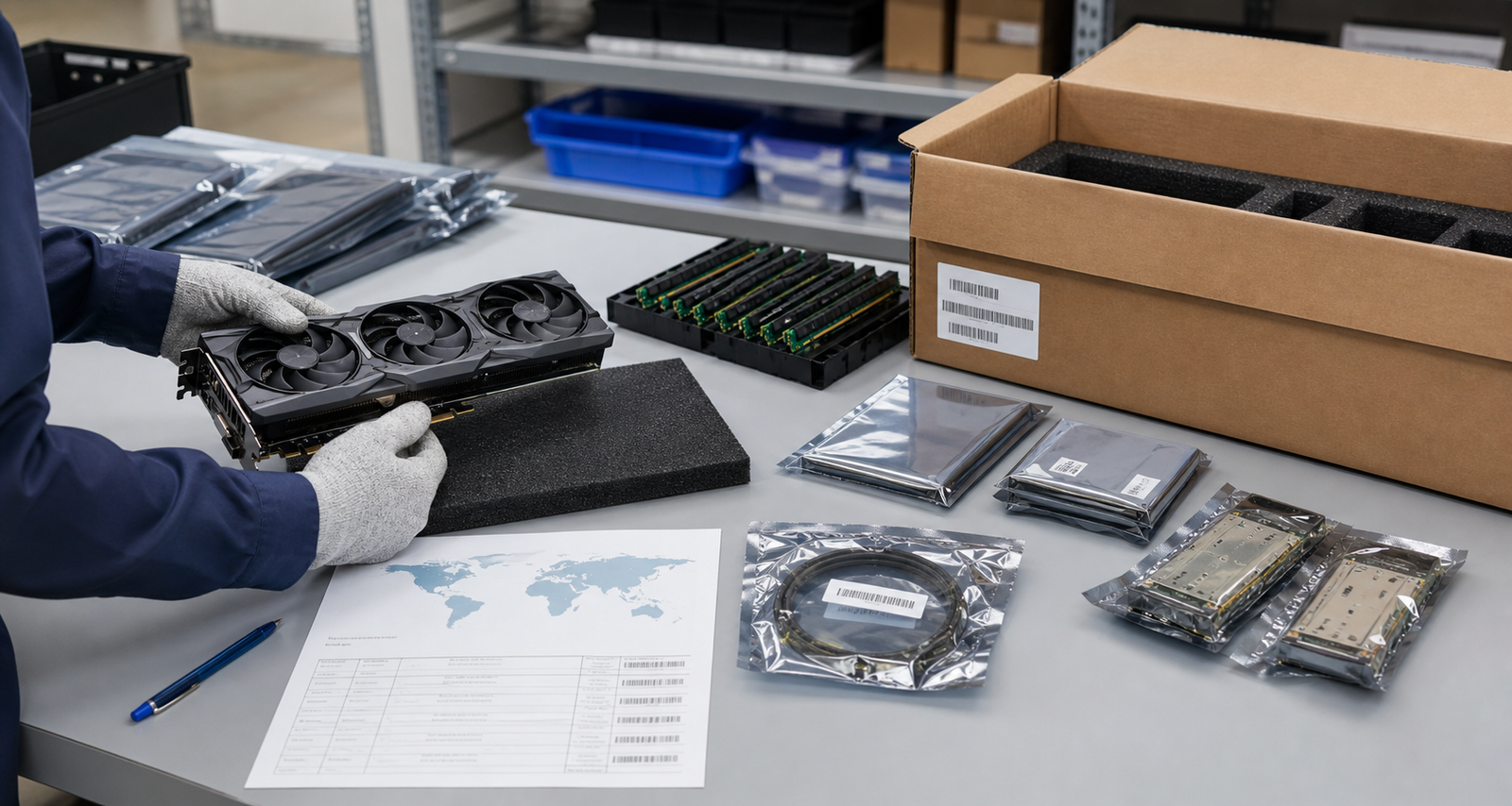 Tested computer components packed in anti-static bags with international shipping paperwork and protective foam
