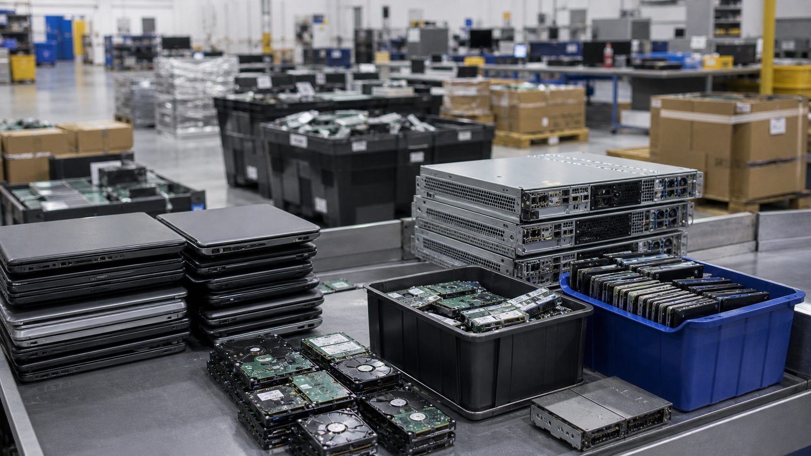 Retired business electronics prepared for secure handling and recycling