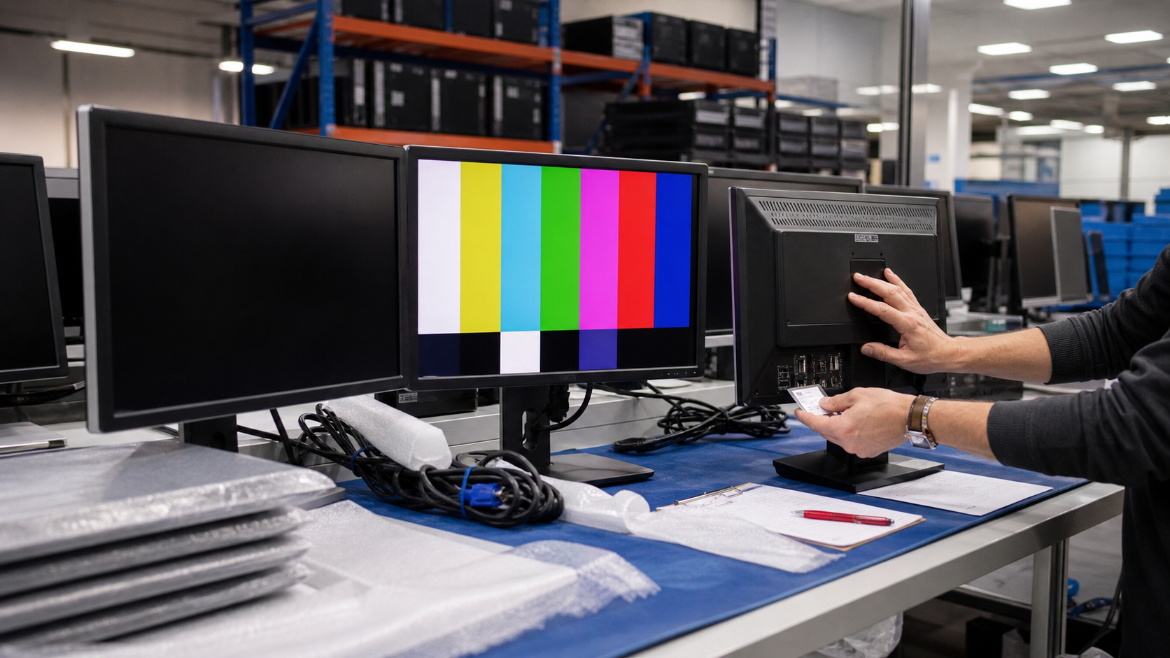 Technician inspecting tested used business monitors on an electronics warehouse bench