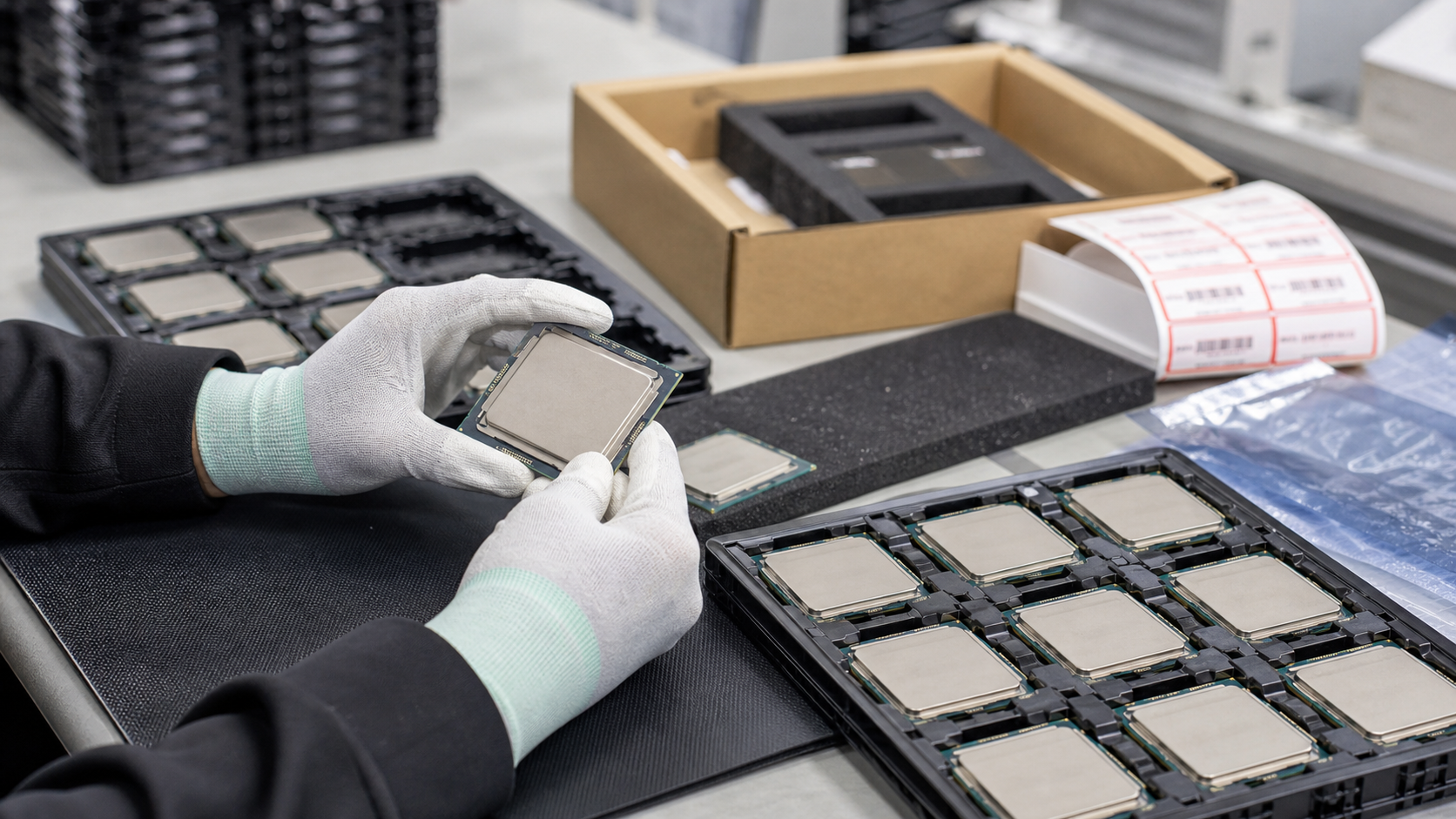 Technician inspecting tested used enterprise server processors on an anti-static electronics warehouse bench