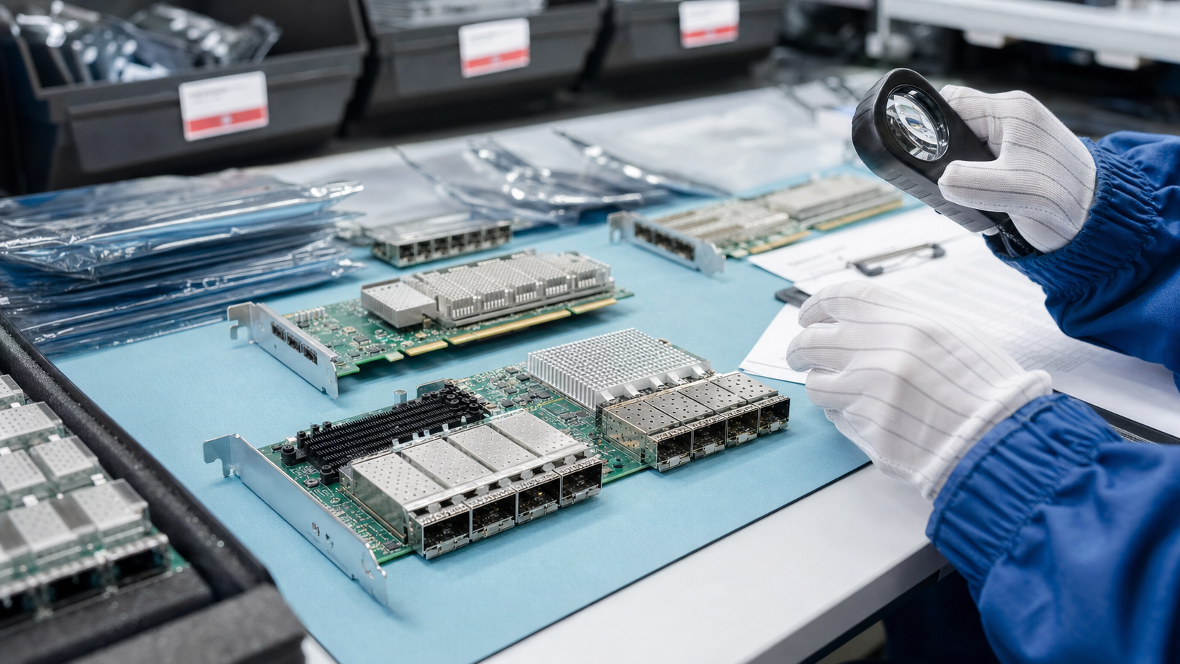 Technician inspecting tested used enterprise network adapter cards on an ESD-safe bench