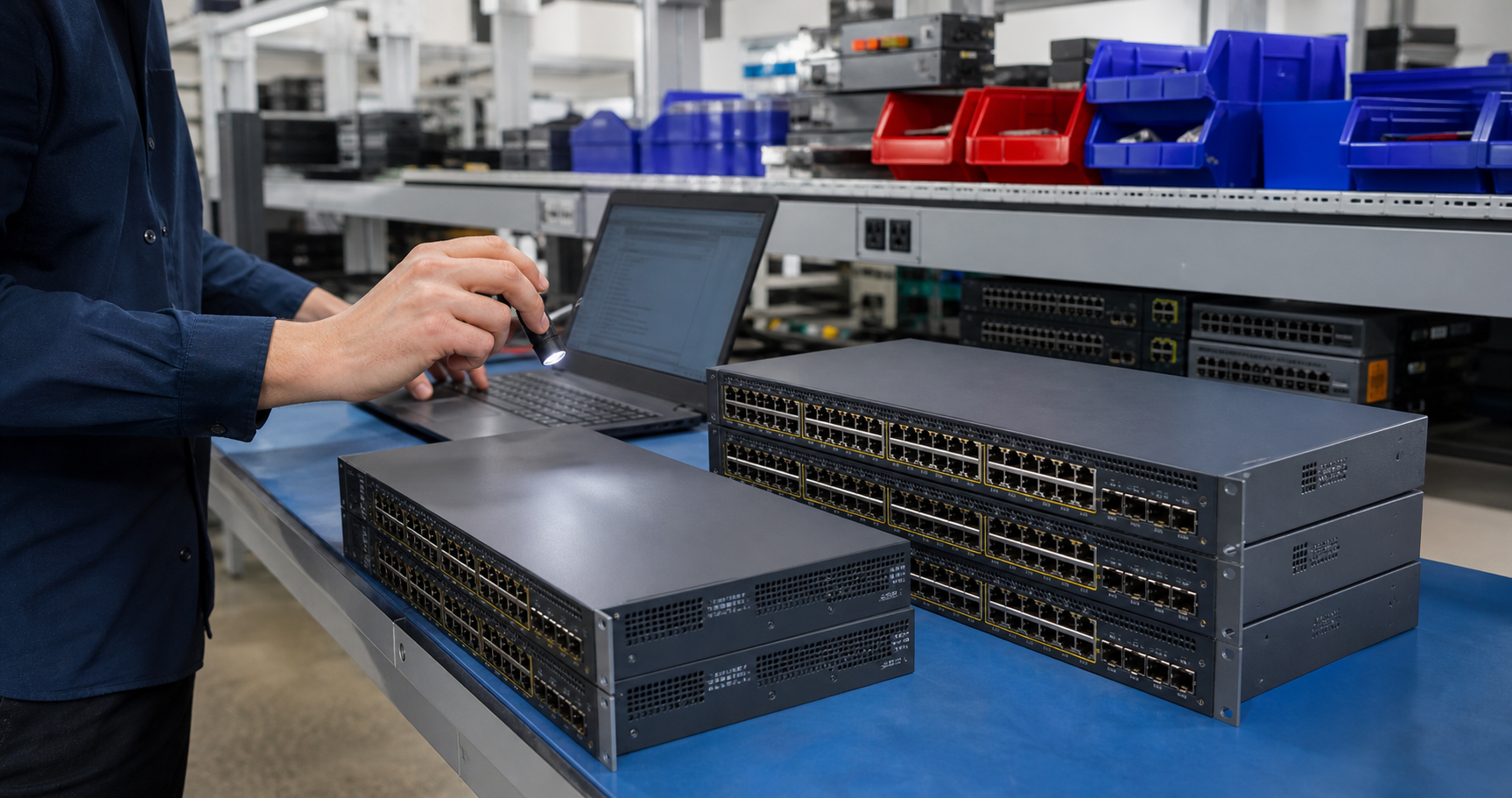 Technician inspecting tested used enterprise network switches on an electronics warehouse bench