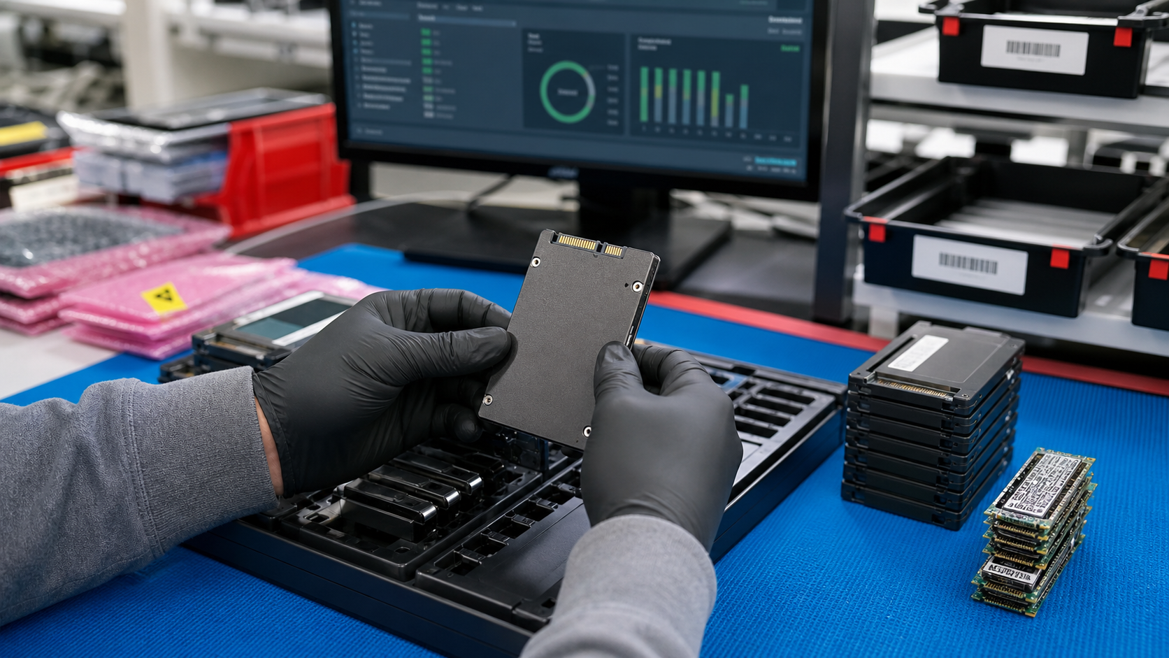 Gloved technician inspecting tested enterprise SSDs on an anti-static bench with storage health diagnostics in the background