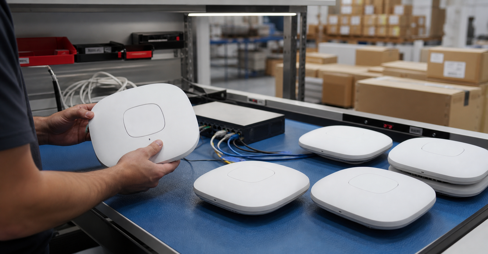 Technician testing used enterprise Wi-Fi access points on an electronics warehouse bench before bulk shipment