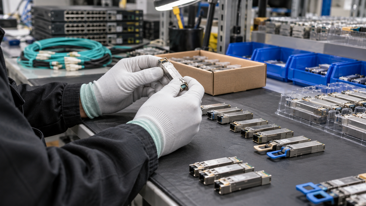 Technician inspecting used network transceivers and fiber optic modules on an anti-static electronics bench before shipment
