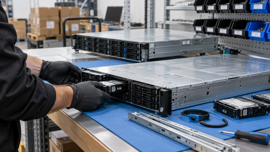 Technician inspecting tested used rack servers and drive caddies on an ESD-safe workbench before shipment.