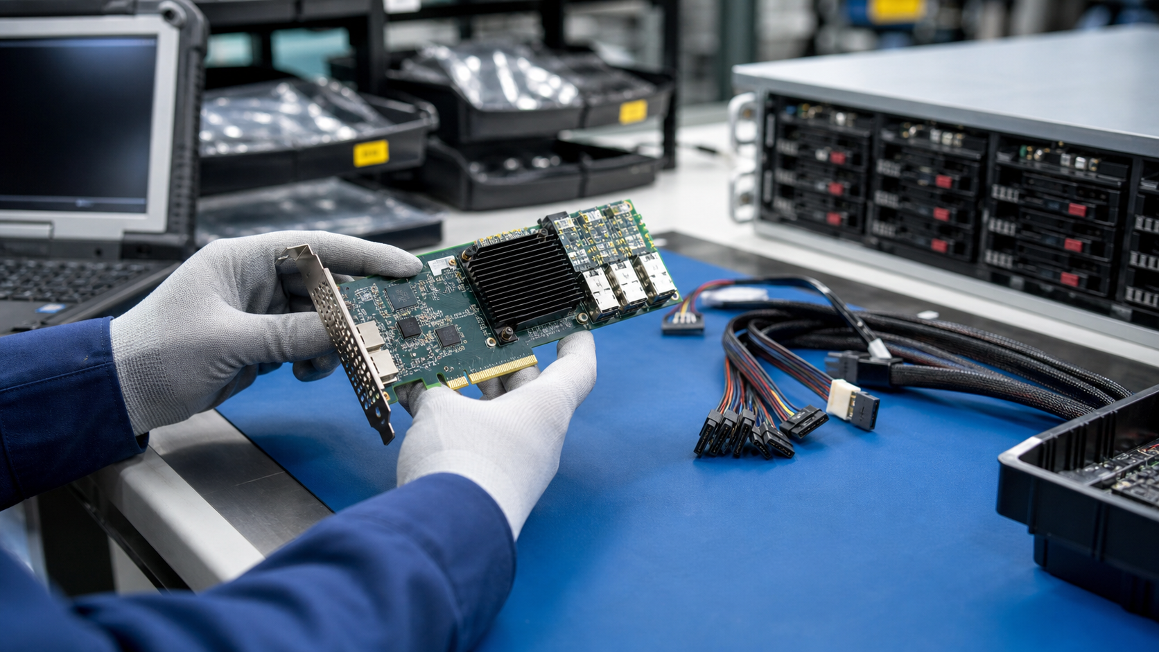 Technician inspecting a tested used RAID controller and HBA storage adapter on an ESD-safe electronics bench