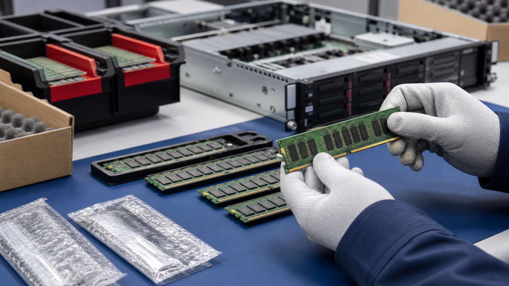 Technician inspecting tested ECC server memory modules on an anti-static electronics warehouse bench