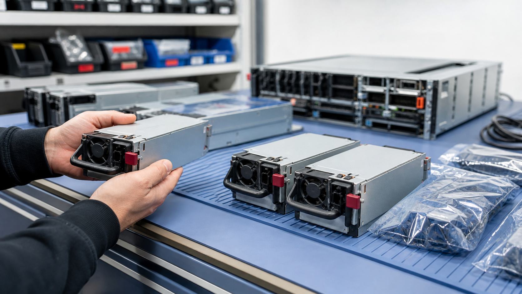 Technician inspecting tested used hot-swap server power supply modules on an ESD-safe bench