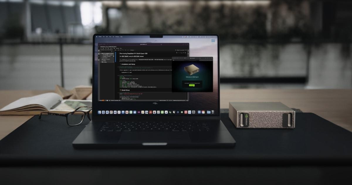 Professional workstation and specialized hardware being used for AI model training and performance monitoring.