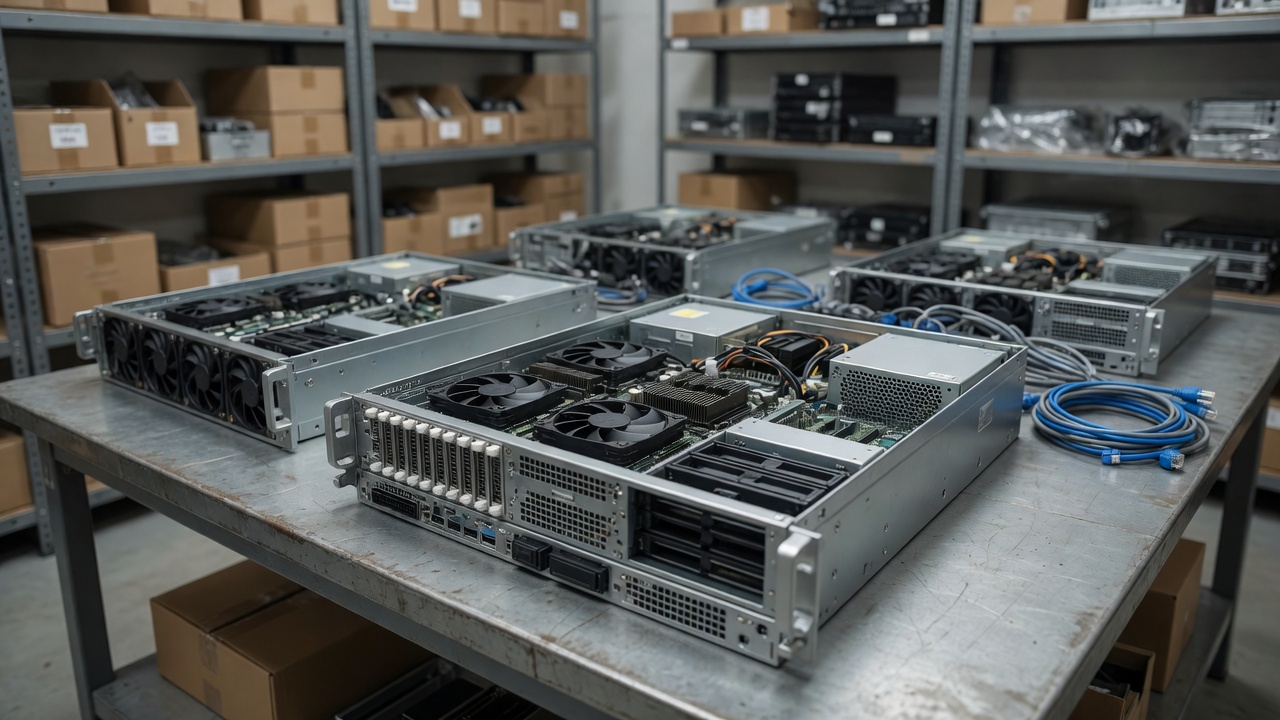 AI server hardware and GPU compute components prepared in a data center staging area