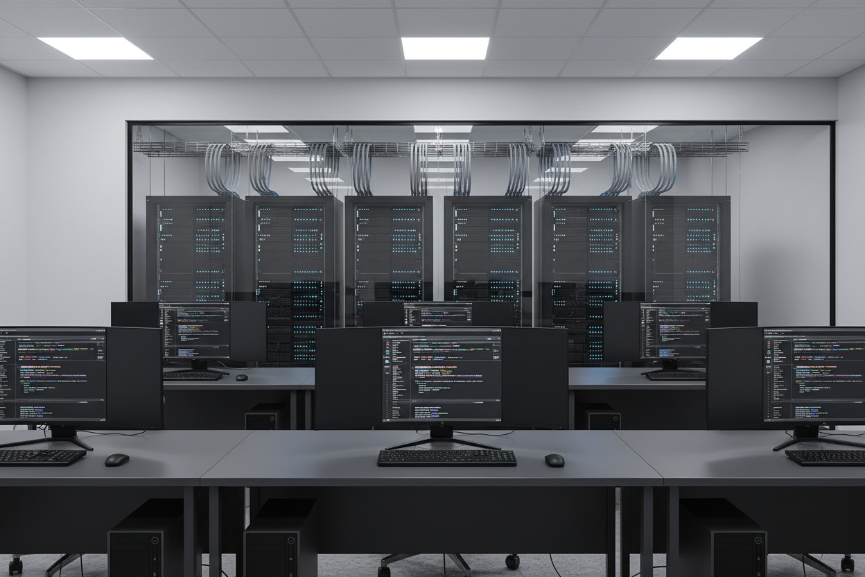 A professional server room environment representing government and education IT infrastructure.