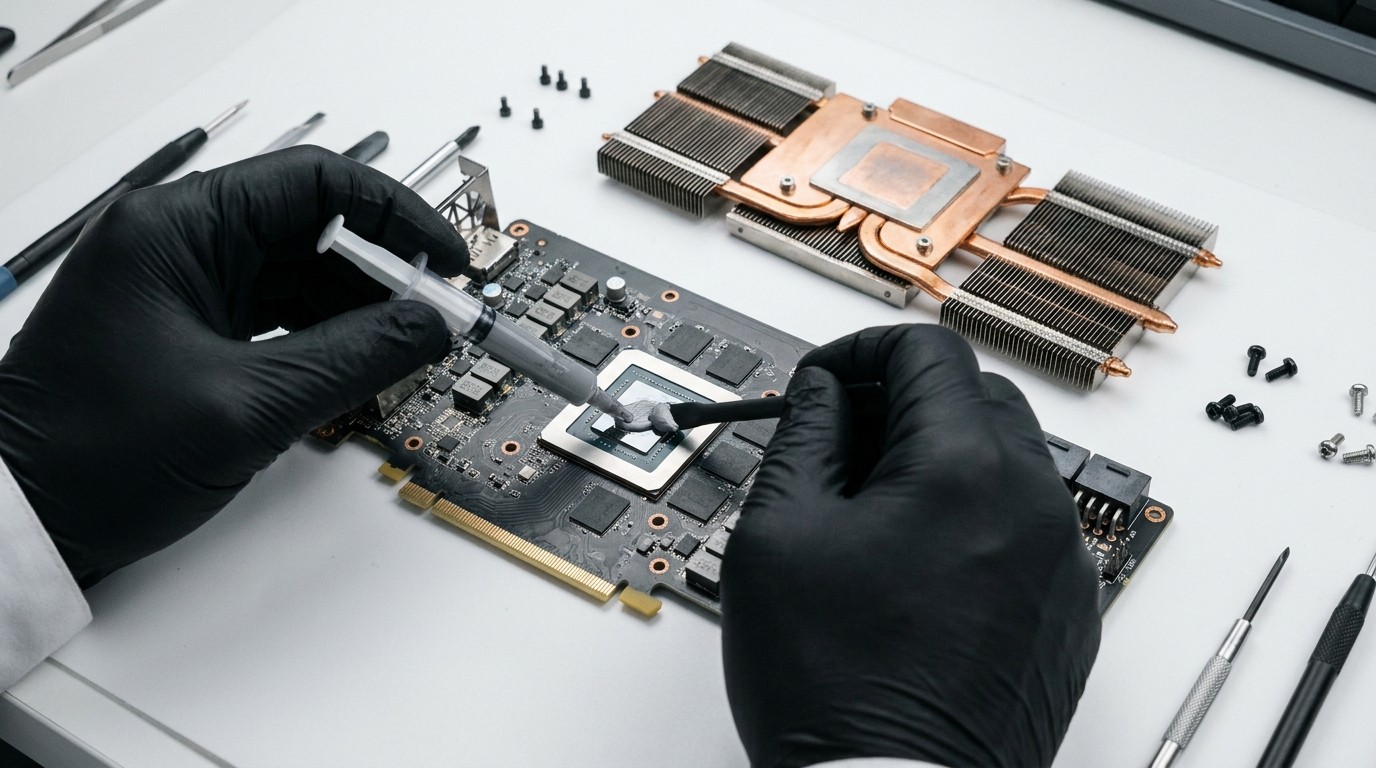A clean, professional, high-resolution close-up photograph of a modern graphics card disassembled on a white sterile workbench, with hands in black nitrile gloves applying thermal paste.