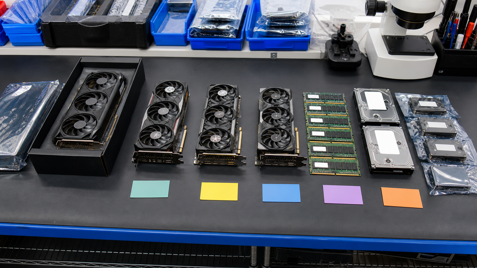 Computer hardware organized by condition for inspection