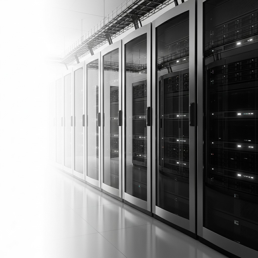 A professional data center server room with rows of high-performance server racks. The lighting should have soft, neutral color tones (subtle warm ambers and cool muted blues) instead of being monochrome. The style is clean, modern, and high-tech, with a shallow depth of field. High-quality corporate photography style.