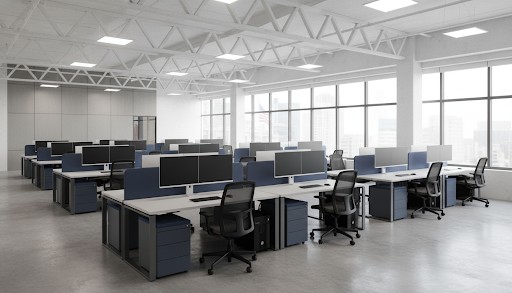 Photorealistic wide-angle shot of a modern corporate open space office interior for a typical American company.