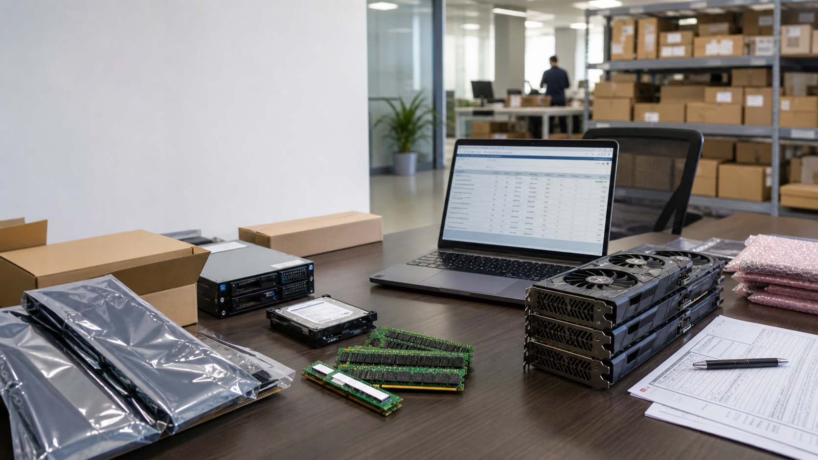 Bulk computer parts and graphics cards prepared for business procurement