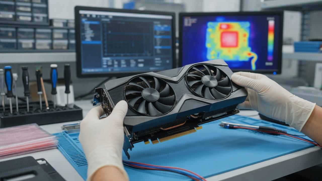 Technician testing a refurbished graphics card on an electronics workbench