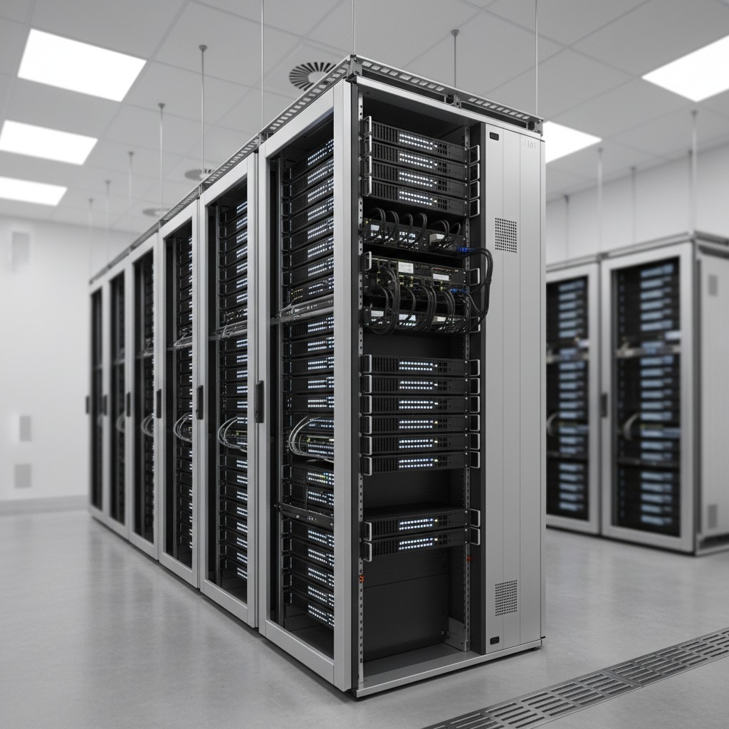 Rows of server hardware in a data center, focus on individual blade server components and high-density compute accelerators