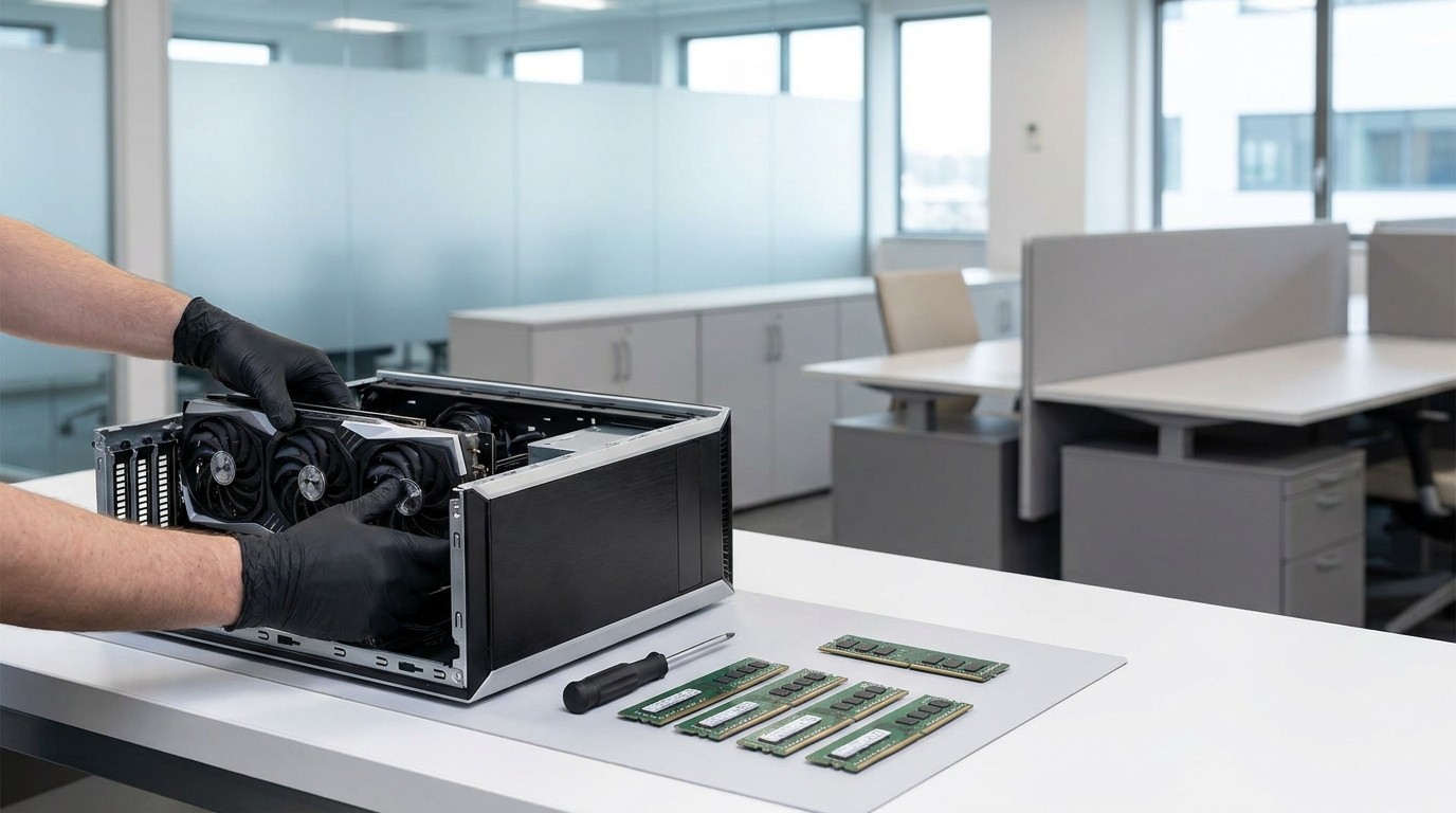 A professional, high-fidelity photograph of a clean, modern corporate office environment. A technician's hands in black nitrile gloves are carefully upgrading a sleek, high-end workstation computer on a white workbench.