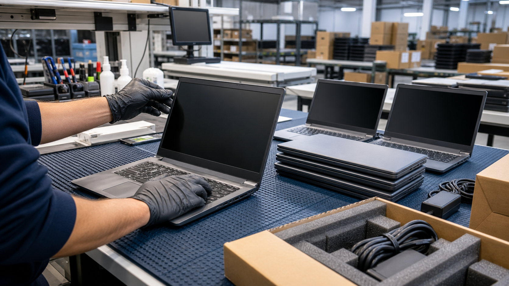 Technician testing used business laptops on an electronics warehouse bench before bulk shipment