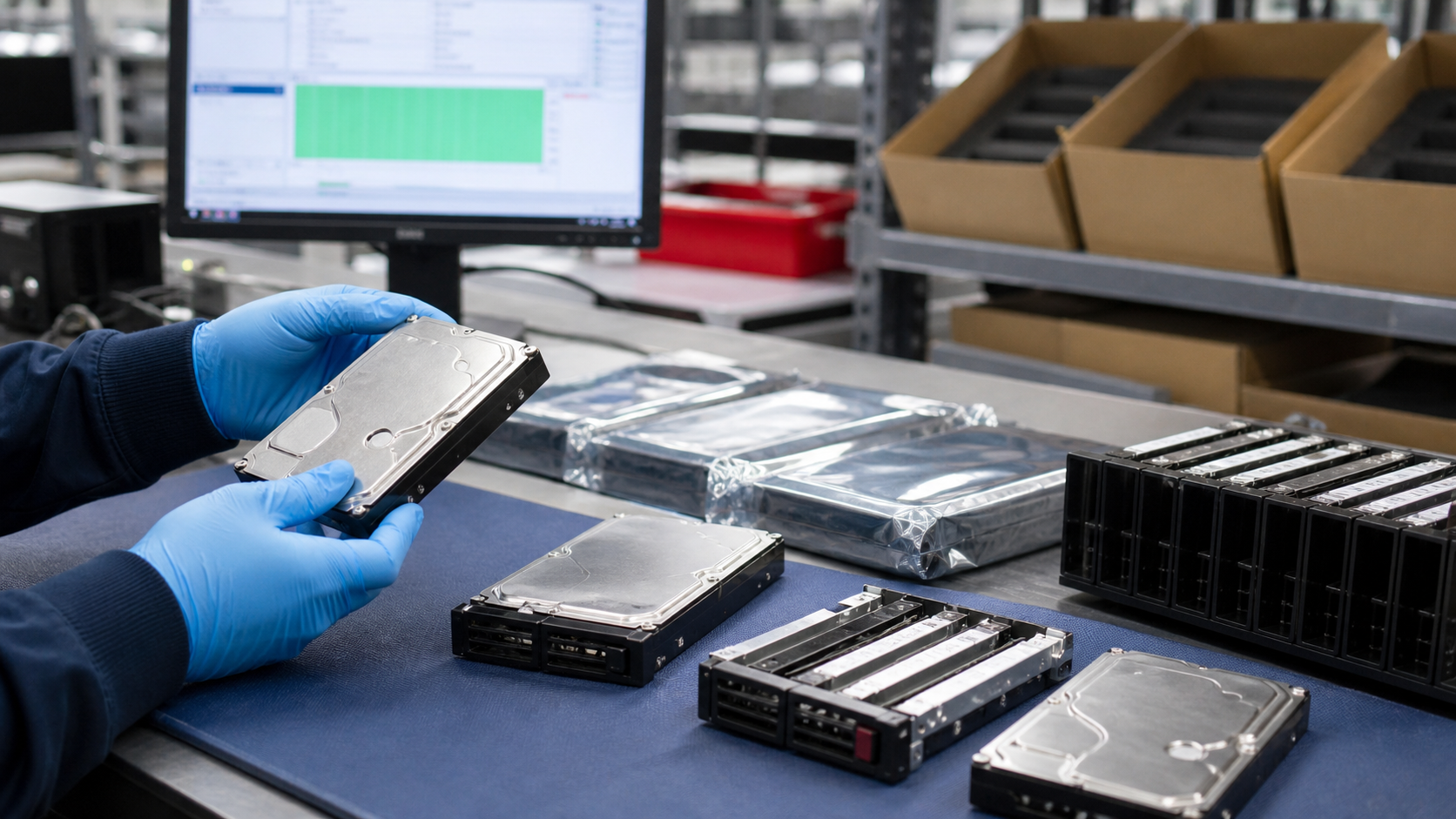 Technician testing used enterprise hard drives on an antistatic warehouse bench before bulk shipment