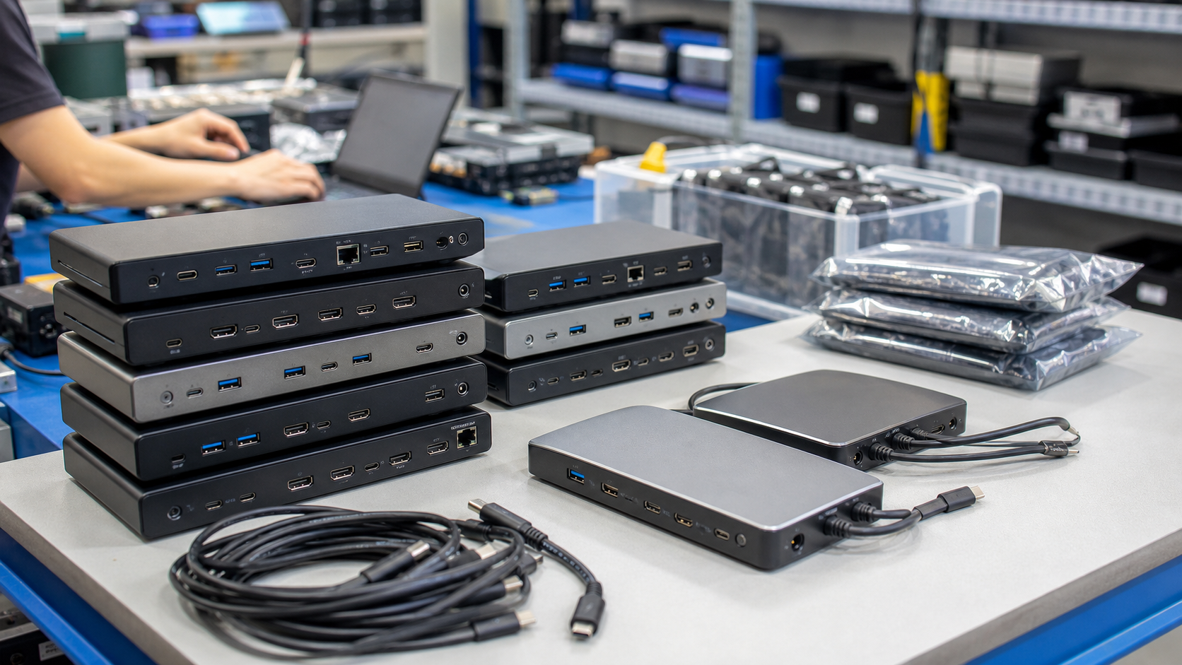 Technician testing used USB-C and Thunderbolt docking stations on an electronics warehouse bench before bulk shipment